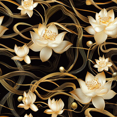 Elegant golden thai lai thai motifs seamless pattern design rich black background decorative art luxurious aesthetic