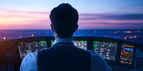 Fototapeta premium A pilot in the cockpit during sunset, focusing on the control panels and the view outside the aircraft. Concept Cockpit Perspective, Sunset Views, Aviation Control Panels, Pilot Experience