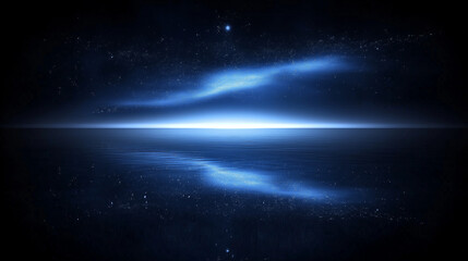 Fototapeta premium Cosmic Horizon: A celestial panorama, a single beam of light cuts through the vast expanse of space, reflecting in a mirrored plane. The abstract composition creates a sense of wonder and mystery.