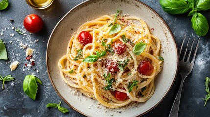 Aromatic Homemade Spaghetti Aglio e Olio with Cherry Tomatoes and Parmesan Cheese
