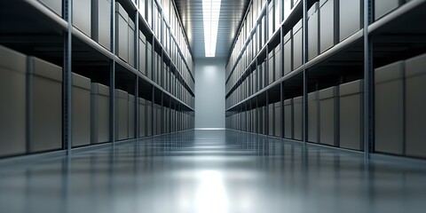 A long aisle in a storage facility lined with shelves filled with labeled boxes and soft overhead lighting. Concept Storage Facility Aisle, Organized Shelving, Labeled Boxes, Soft Overhead Lighting
