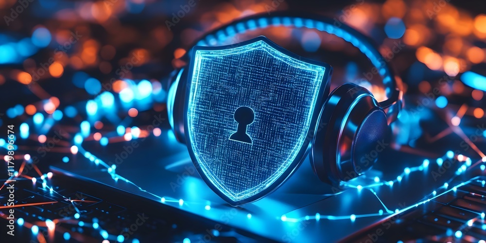 Aufkleber a glowing shield symbolizing cybersecurity is displayed with headphones and colorful lights on a lap