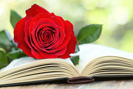 vibrant red rose rests on open book, symbolizing love and knowledge. soft focus background enhances beauty of this romantic scene. Valentines Concept