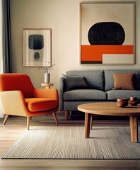 Modern minimalist living room, abstract geometric artwork, orange accent chair, gray sofa, wooden coffee table, neutral tones, clean lines, sleek design, uncluttered space, contemporary interior, brig