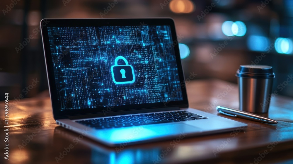 Aufkleber open laptop displaying security software and a padlock icon, resting on a wooden table next to a tak