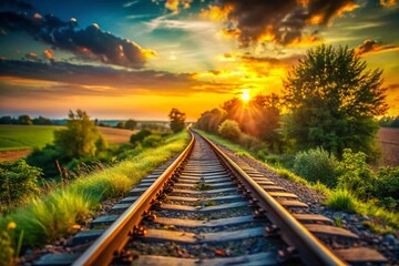 Fototapeta premium Miniature Sunset Countryside Train Tracks: Idyllic Rural Landscape Photography