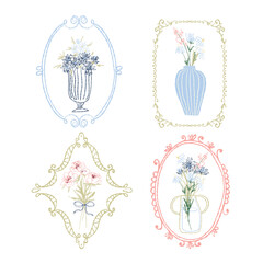 Collection of hand-drawn floral frames in vintage style. Perfect for invitations, wedding stationery, greeting cards, and elegant design projects
