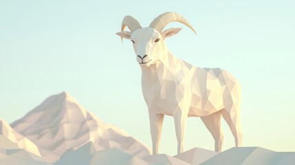 Fototapeta premium Majestic Low-Poly Goat with Triangular Horns Amid Pastel Poly Mountain Peaks - Cinematic Ultra-Detailed Image