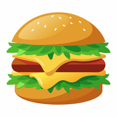 Delicious Cheeseburger Illustration, burger à la raclette avec fromage coulant et roquette - fond white.
