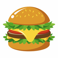 Delicious Cheeseburger Illustration, burger à la raclette avec fromage coulant et roquette - fond white.