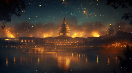 Fototapeta premium America's pursuit of freedom and equality amidst the capitol's fiery resilience at nighttime