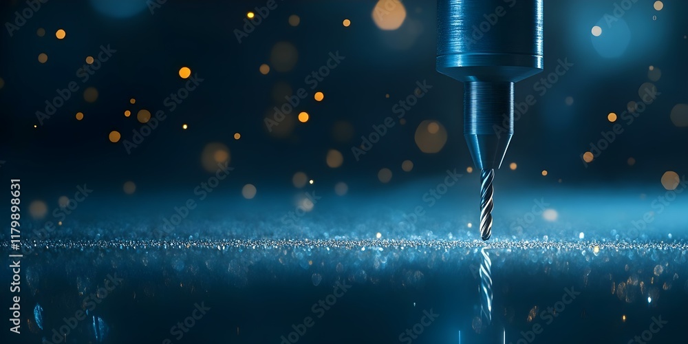 Poster a close-up of a drill bit hovering above a reflective surface, with a soft-focus background of blue 