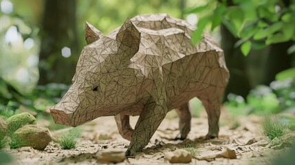 Fototapeta premium Majestic Low-Poly Boar in Stylized Forest: Cinematic Earthy Colors with Ultra-Detailed Triangulated Hair