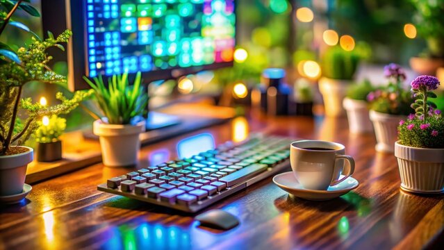 Miniature Website Coding: Developer's Desk, Tilt-Shift Focus on Keyboard and Code