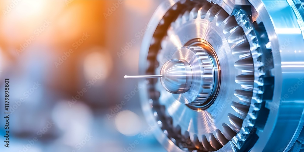 Poster a close-up view of a metallic gear or mechanical component, showcasing precision engineering with a 
