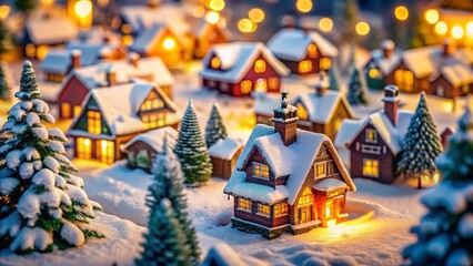 Obraz premium Miniature Winter Wonderland: Snowy Village with Tilt-Shift Effect
