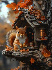 A curious red squirrel explores food in a cozy wooden house on a tree amidst brown leaves falling during autumn. 