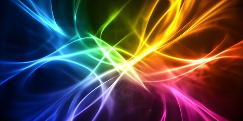 Naklejka premium A vivid abstract design featuring colorful flowing waves in blue, green, yellow, orange, pink, and purple against a dark background. Concept Abstract Art, Colorful Waves, Flowing Design
