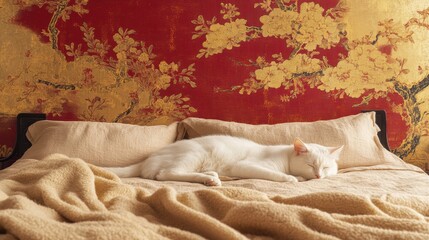 Fototapeta na wymiar Graceful White Cat Napping on Luxurious Bed Traditional Chinese Style Decor Cozy Indoor Setting Serene Atmosphere