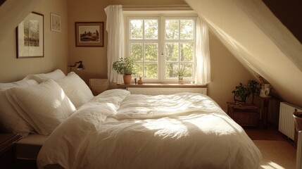 Serene Bedroom Setting Cozy Attic Interior Photography Natural Light Warm Atmosphere Relaxation Concept
