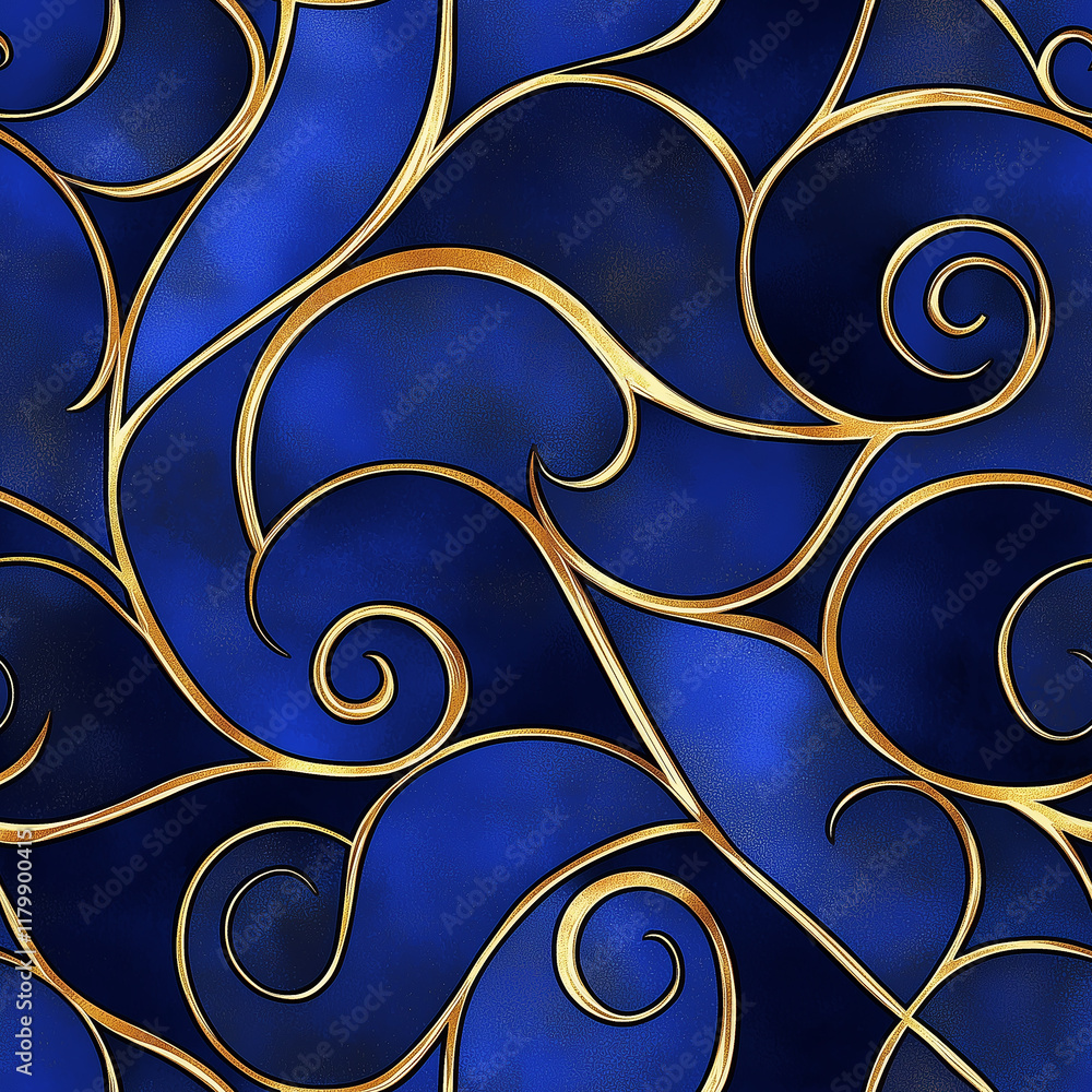 Poster a rich blue background adorned with golden swirls, creating an elegant and sophisticated pattern.