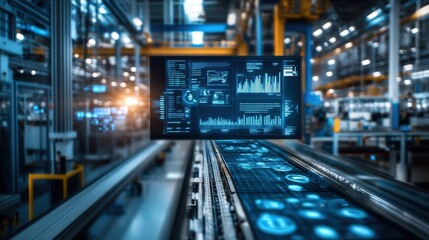 Fototapeta premium Futuristic industrial factory utilizing artificial intelligence and augmented reality holographic screens to display production data and control automated manufacturing processes