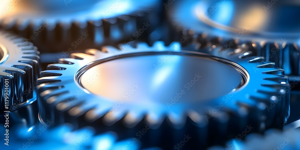 Poster close-up of interlocking metallic gears reflecting light, showcasing intricate details and a shiny s