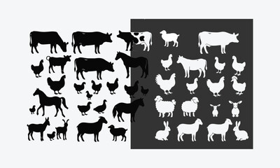 Obraz premium Farm animals silhouette pattern. Collection of domestic cattle. Illustration isolated on white, easily editable.