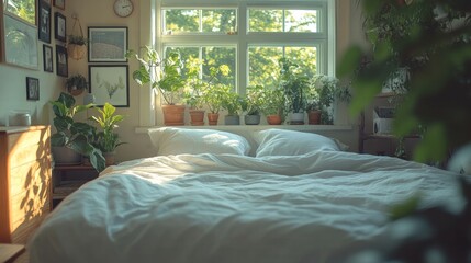 Serene Bedroom Retreat Sunlit Window Cozy Duvet and Linen Pillows Indoor Garden Natural Light Tranquil Space