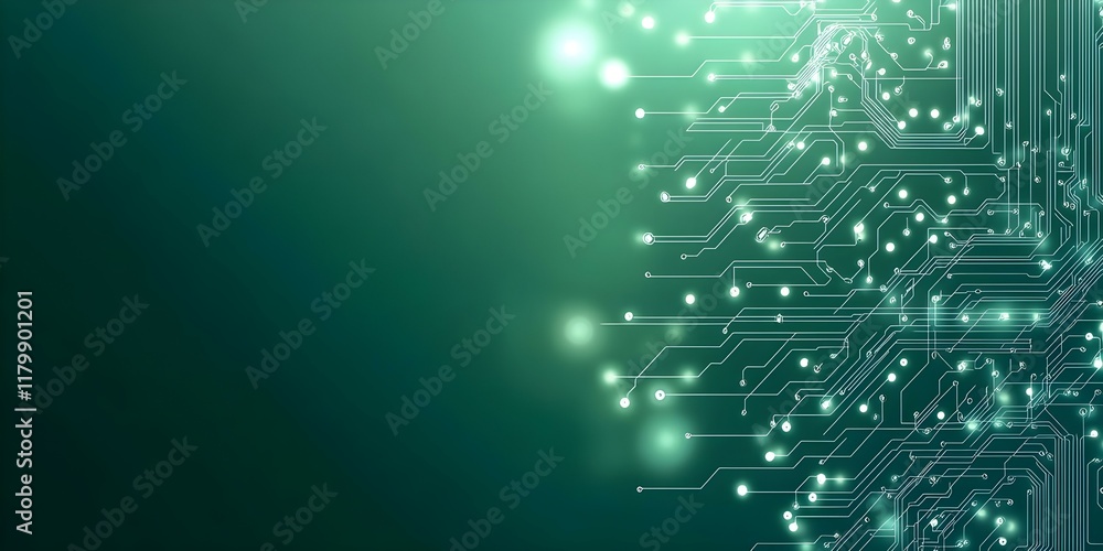 Poster a digital circuit board design featuring glowing lines and nodes against a gradient green background