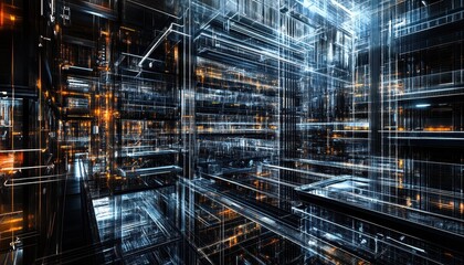 Futuristic abstract digital space with glowing lines and structures.