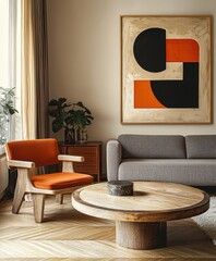 Modern minimalist living room, abstract geometric artwork, orange accent chair, gray sofa, wooden coffee table, neutral tones, clean lines, sleek design, uncluttered space, contemporary interior, brig