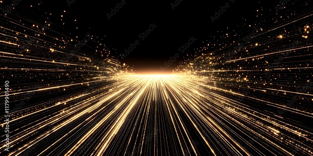 Poster a vibrant, glowing scene depicting light rays or particles radiating outward, creating a sense of mo
