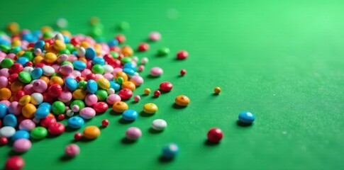 Dense cluster of rainbow sprinkles on rich green backdrop , candy, stock photo, dessert topping