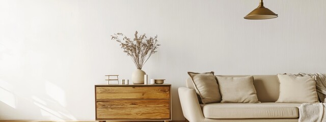 Modern minimalist living room, Scandinavian design, beige sofa, wooden sideboard, pendant lamp, neutral tones, clean lines, spacious interior, light and airy, potted plant, textured wall, cozy atmosph