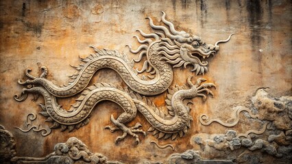 Minimalist Ancient Chinese Dragon Temple Wall Art - Asian Mythology Stock Photo