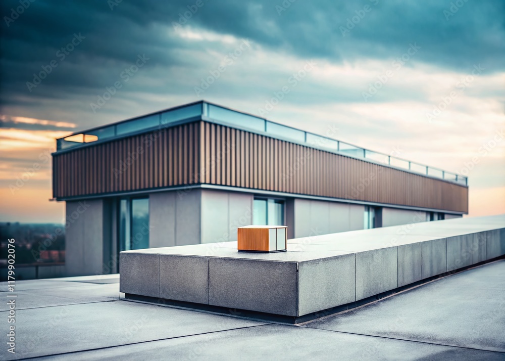 Poster minimalist architecture: empty cigarette box on modern building rooftop