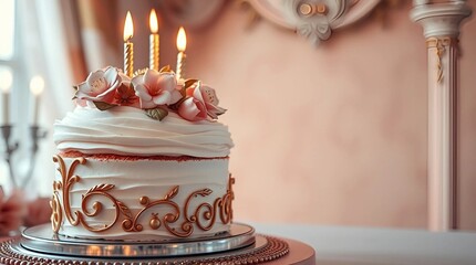 A beautiful birthday cake placed on one side of the frame, featuring intricate and elegant floral...