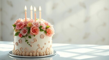 A beautiful birthday cake placed on one side of the frame, featuring intricate and elegant floral decorations, vibrant pastel colors