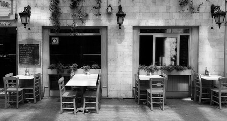 Cafe Exterior Cozy Front View Black And White Photograph