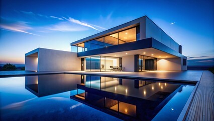 Minimalist Architecture Night Photography: Tranquil Blue Serenity