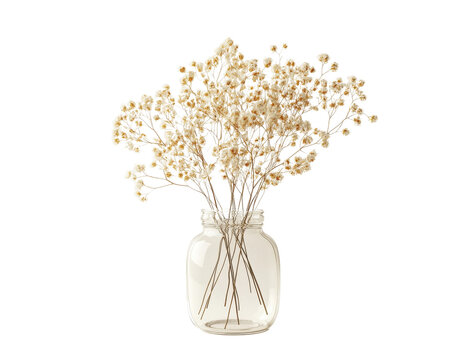 Dried flowers in a glass vase with a transparent background.