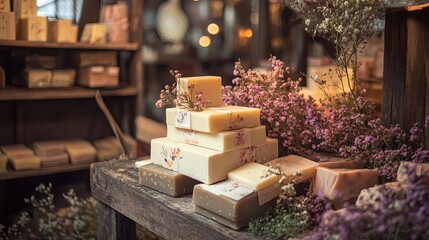 A rustic handmade soap display with floral packaging and soft lighting