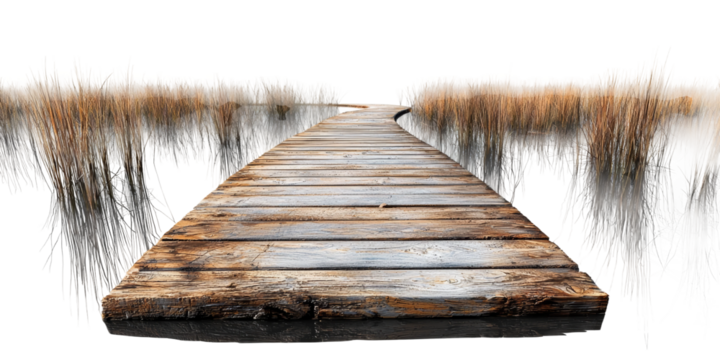 Serene Wooden Path Through Marshland Isolated on transparent background