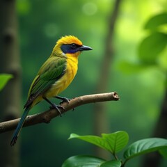 Golden Whiskered Barbets perched on a branch in a lush forest canopy, forest, foliage, bird