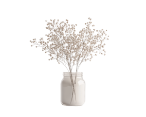 Dried flowers in a white vase, showcasing their delicate beauty on a white background.