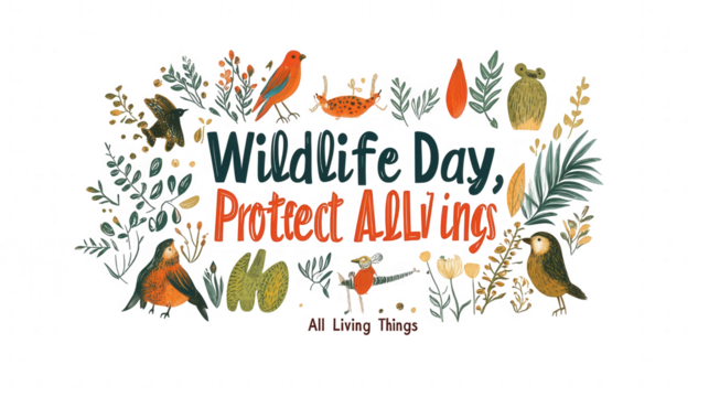 Flat Vector Decorative Text with World Wildlife Day Protect All Living Things, transparent background, isolated on white, PNG file