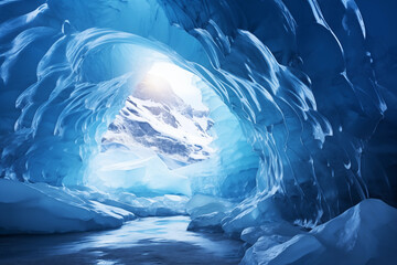 Obraz premium Ethereal Beauty of the Illuminated Ice Cave: A Spectrum of Blues, Ice, and Spikey Silhouettes
