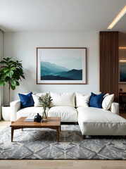 Modern living room with white sectional sofa, blue accents, and wooden coffee table new image
