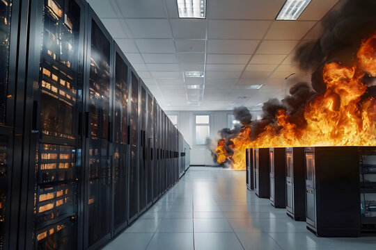 Computer hot heat explosion broke with fire flame conflagration damage in emergency risk security in danger data center workstation server room background